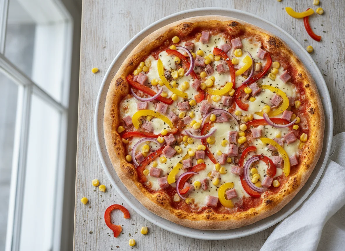 Pizza mit Schinken, Mais und Paprika photo