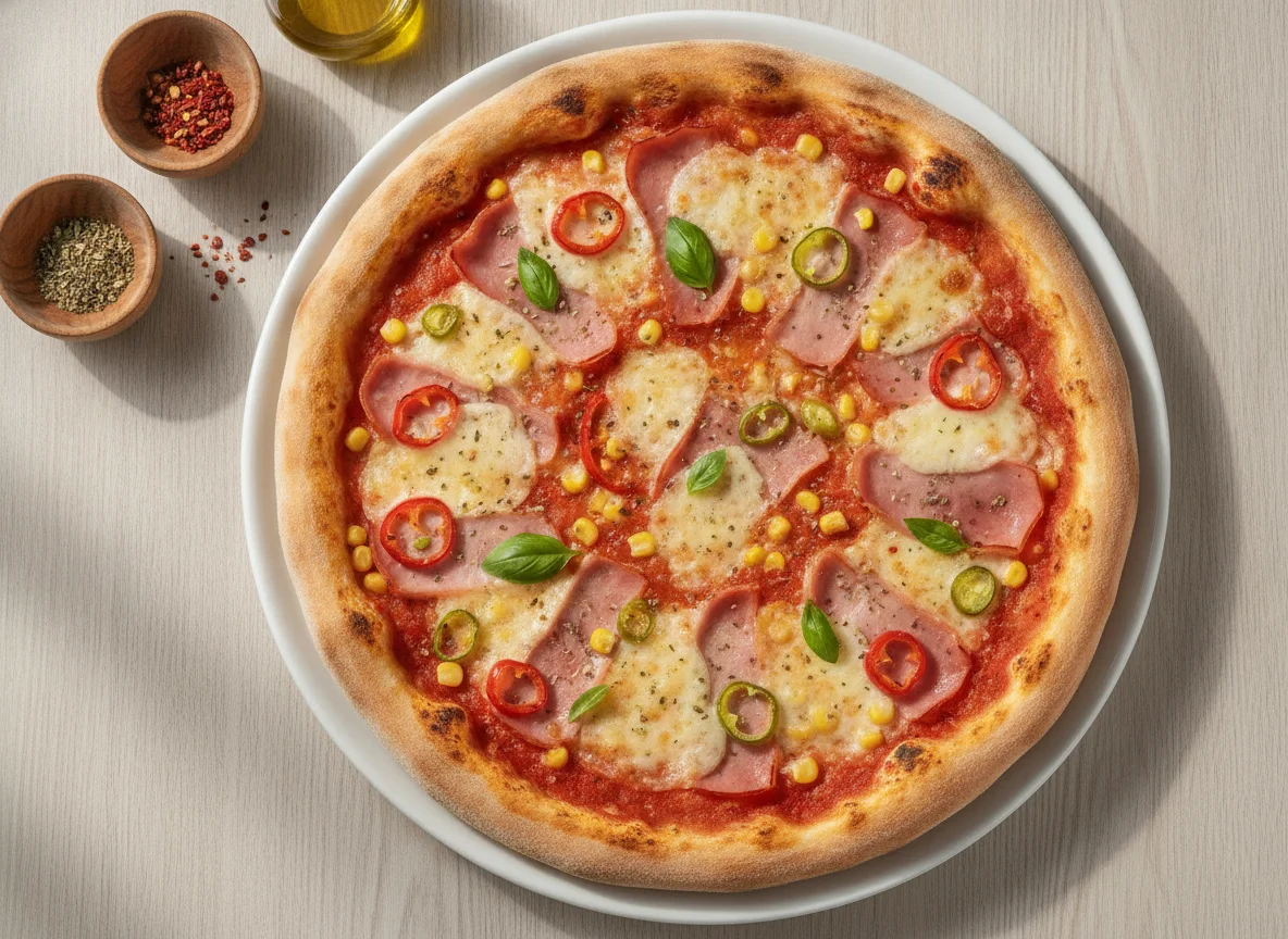 Pizza mit Schinken, Mais und Pfefferoni photo