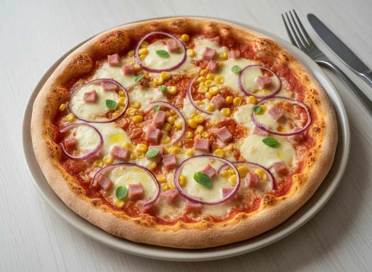Pizza mit Schinken, Mais und Zwiebeln photo
