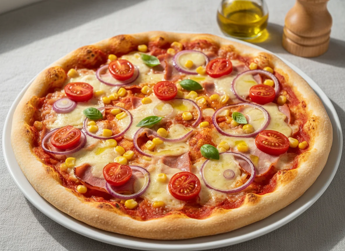 Pizza mit Schinken, Mais, Zwiebeln und Tomaten photo