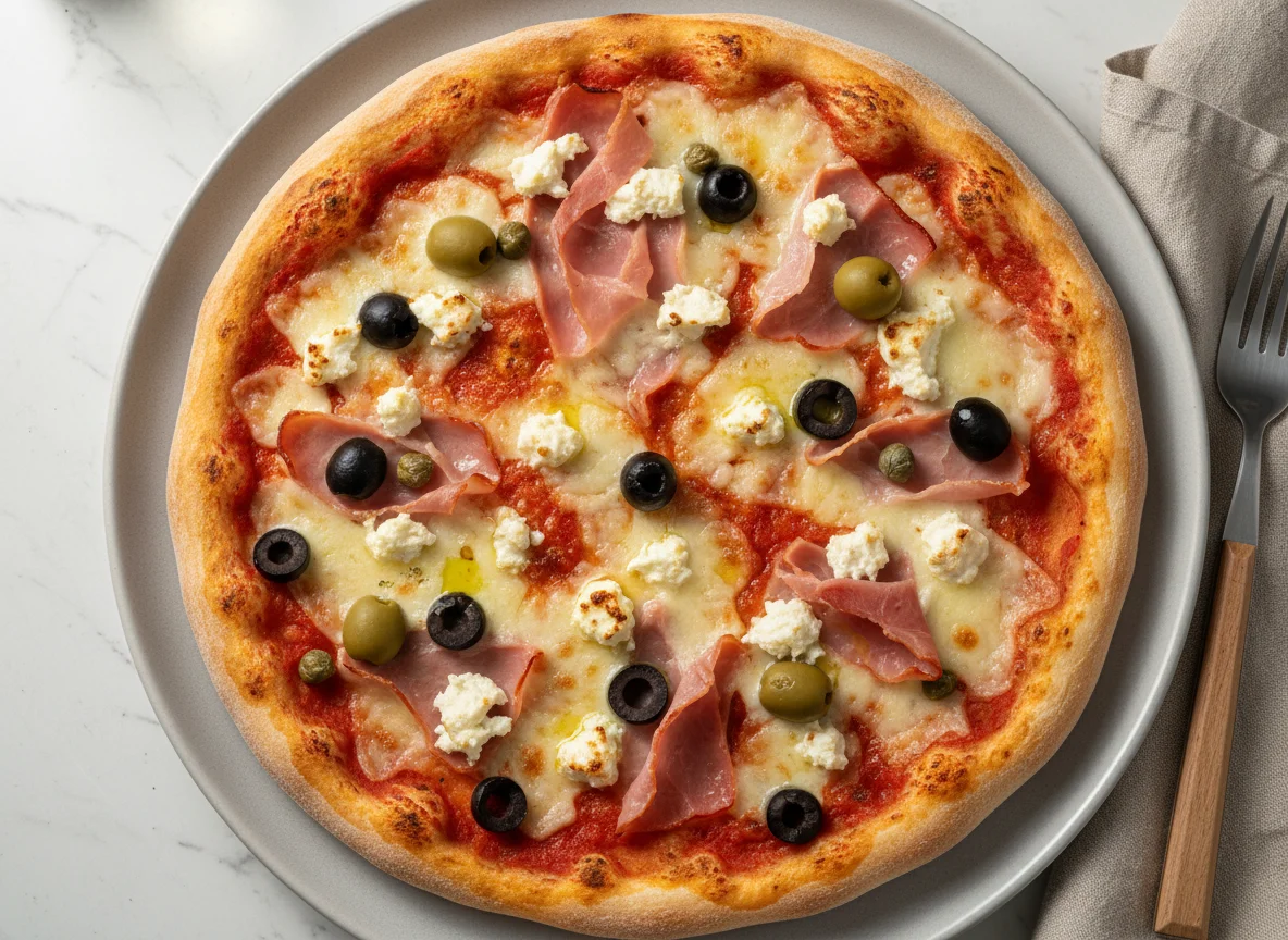 Pizza mit Schinken, Oliven und Feta photo