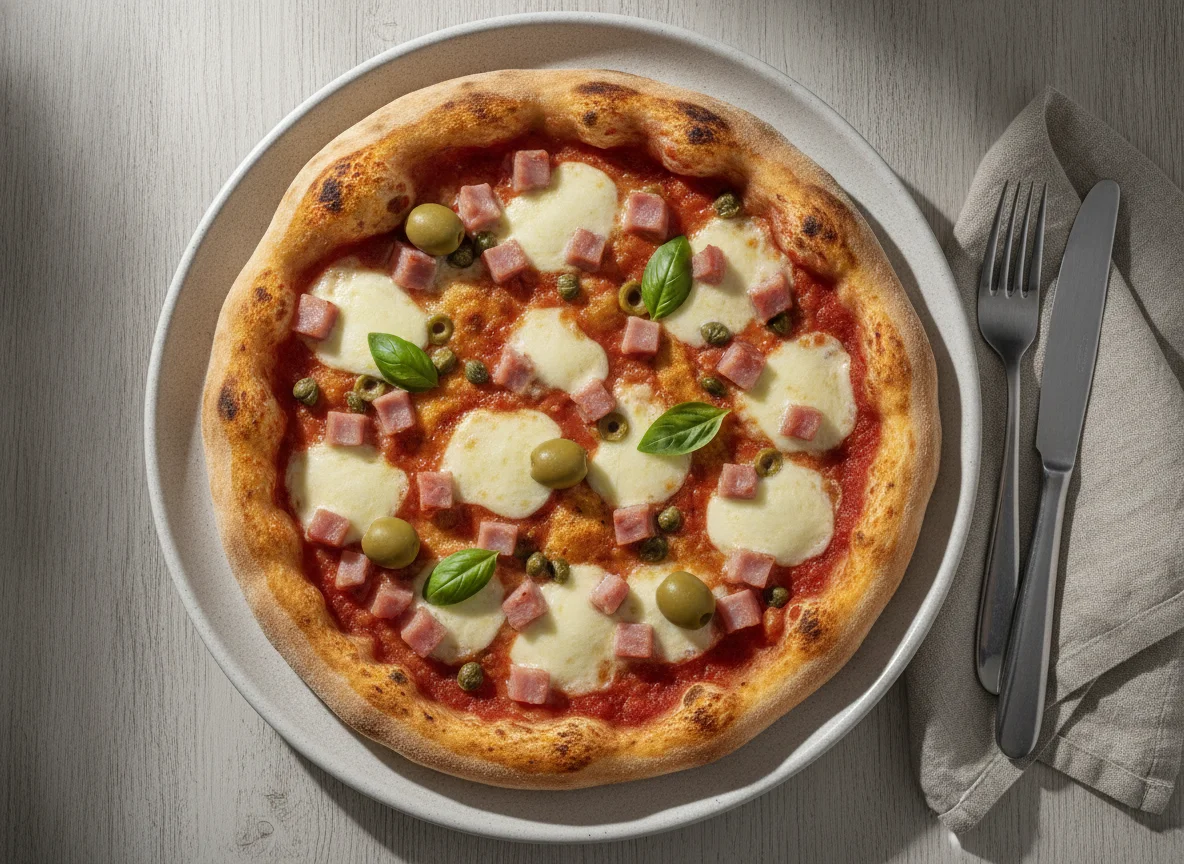 Pizza mit Schinken, Oliven und Kapern photo