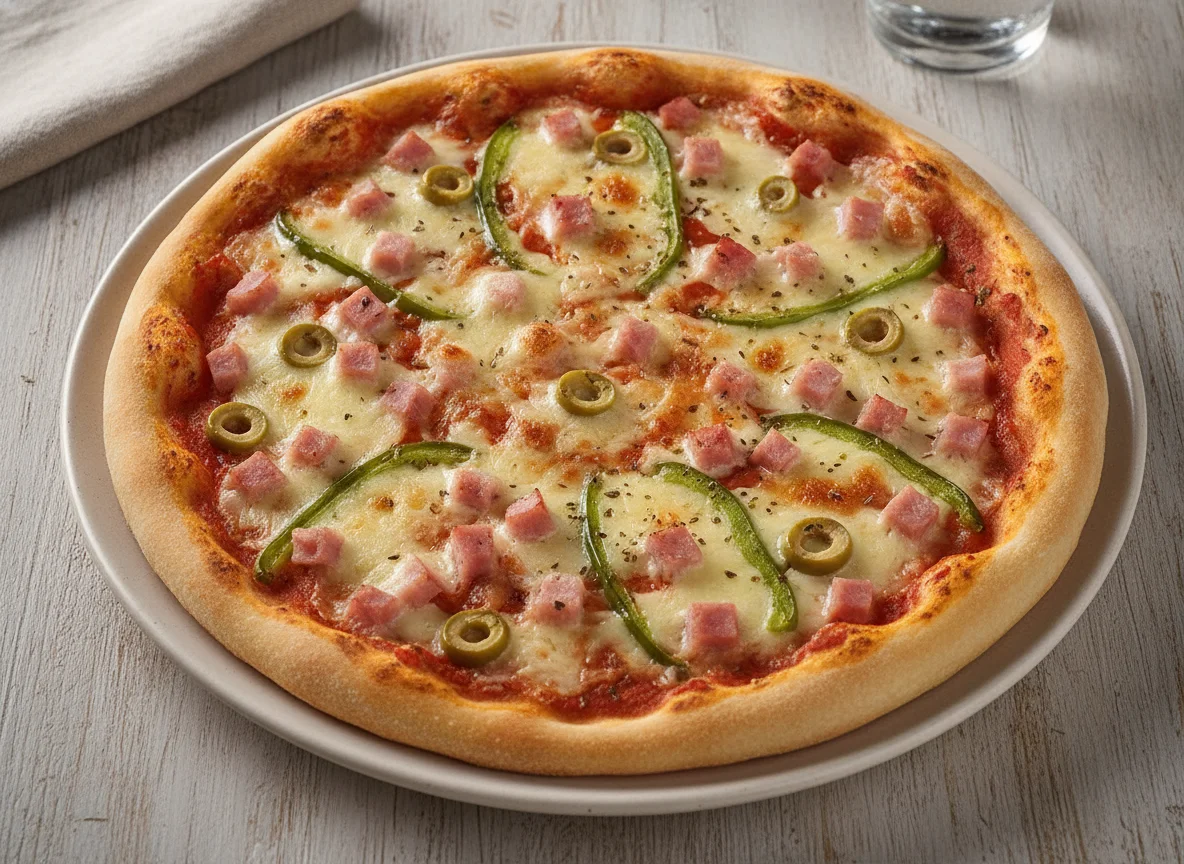 Pizza mit Schinken, Oliven und Paprika photo