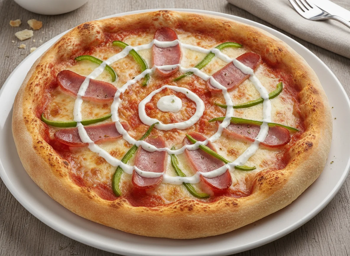 Pizza mit Schinken, Paprika und Sauce photo