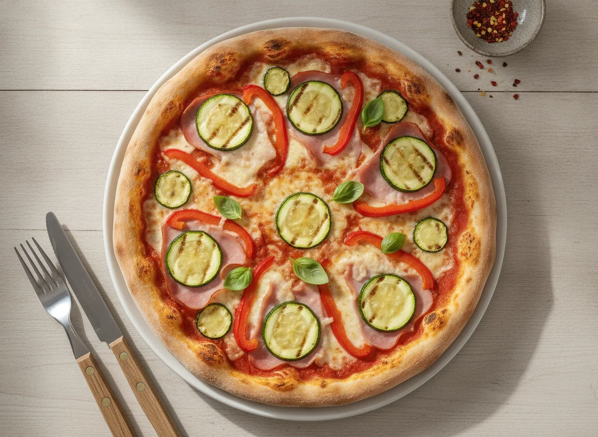 Pizza mit Schinken, Paprika und Zucchini photo