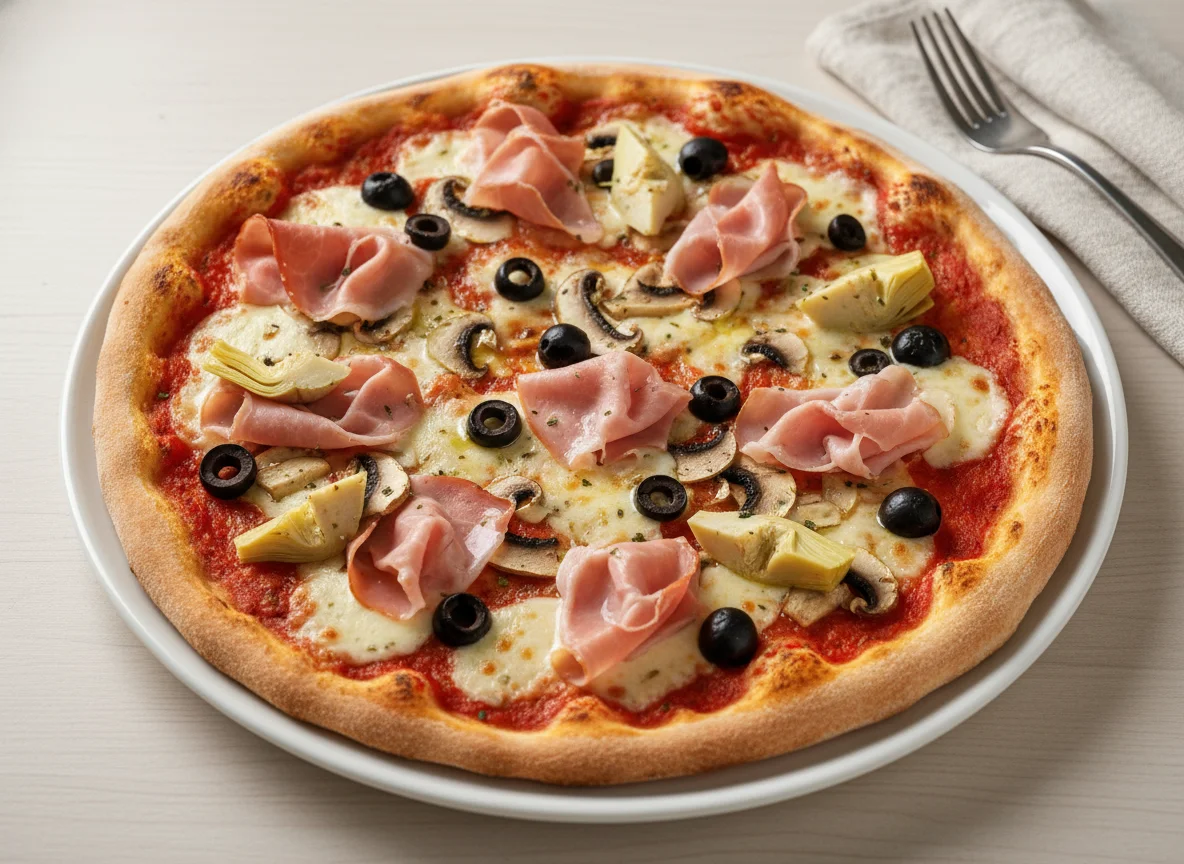 Pizza mit Schinken, Pilzen, Artischocken und Oliven photo