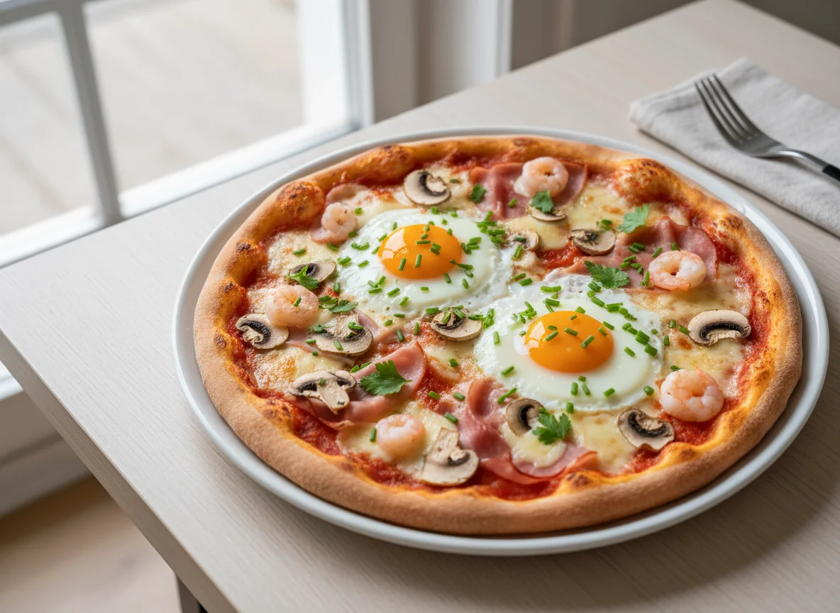 Pizza mit Schinken, Pilzen, Ei und Garnelen photo
