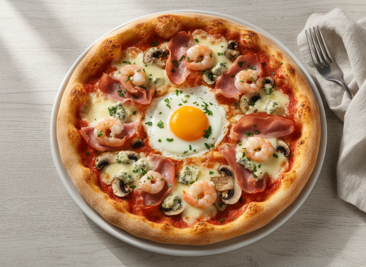 Pizza mit Schinken, Pilzen, Garnelen, Gorgonzola und Ei photo