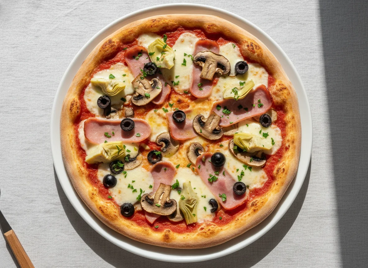 Pizza mit Schinken, Pilzen, Oliven und Artischocken photo