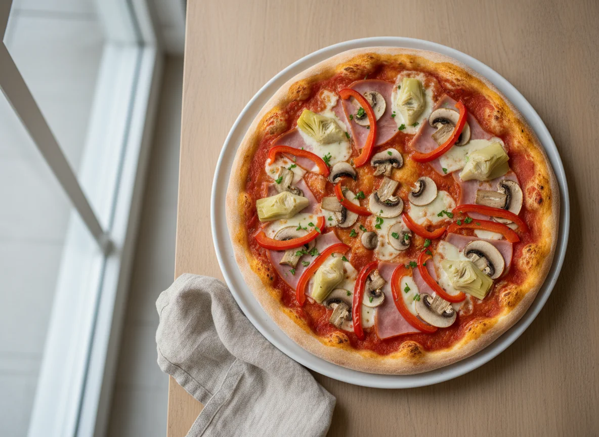 Pizza mit Schinken, Pilzen, Paprika und Artischocken photo