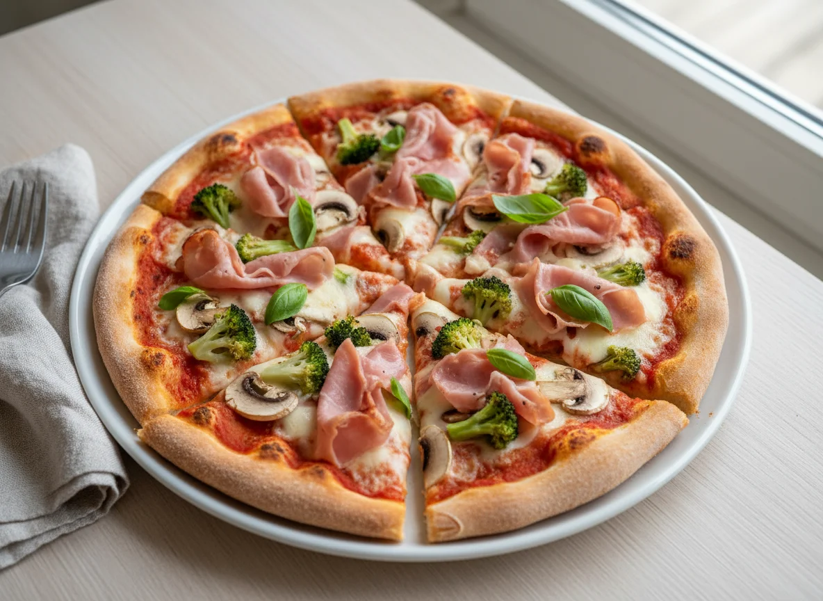 Pizza mit Schinken, Pilzen und Brokkoli photo