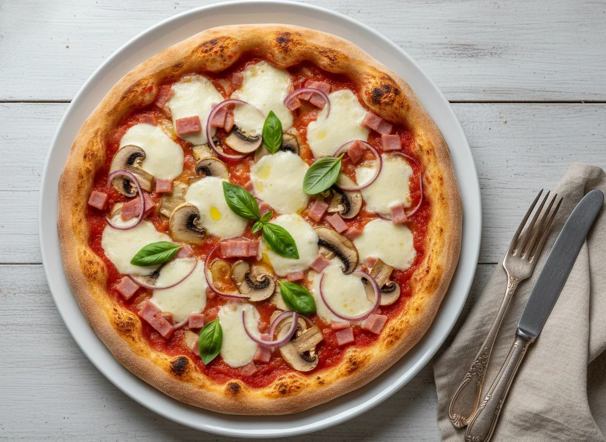 Pizza mit Schinken, Pilzen und Käse photo