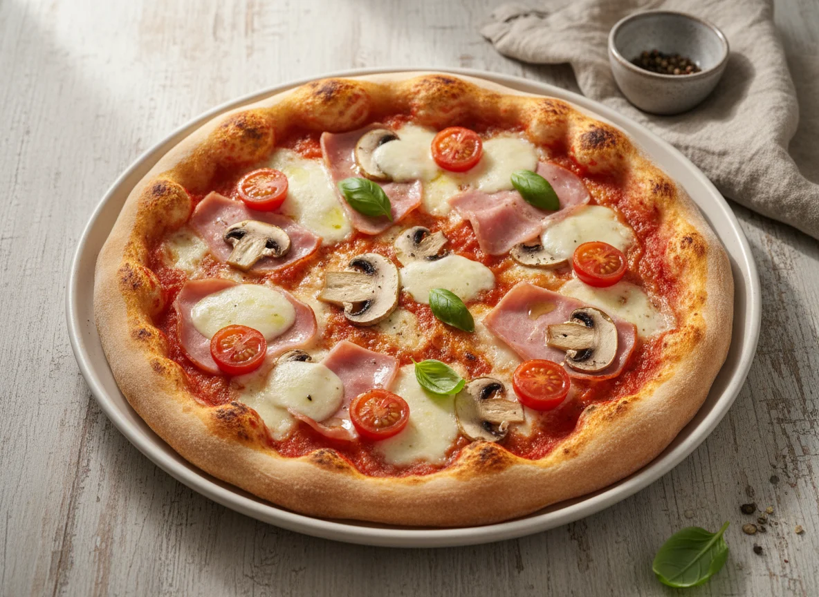 Pizza mit Schinken, Pilzen und Kirschtomaten photo
