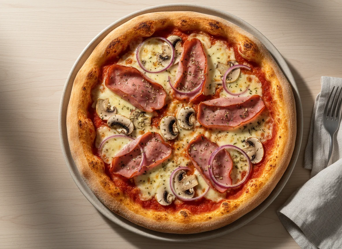 Pizza mit Schinken, Pilzen und roten Zwiebeln photo