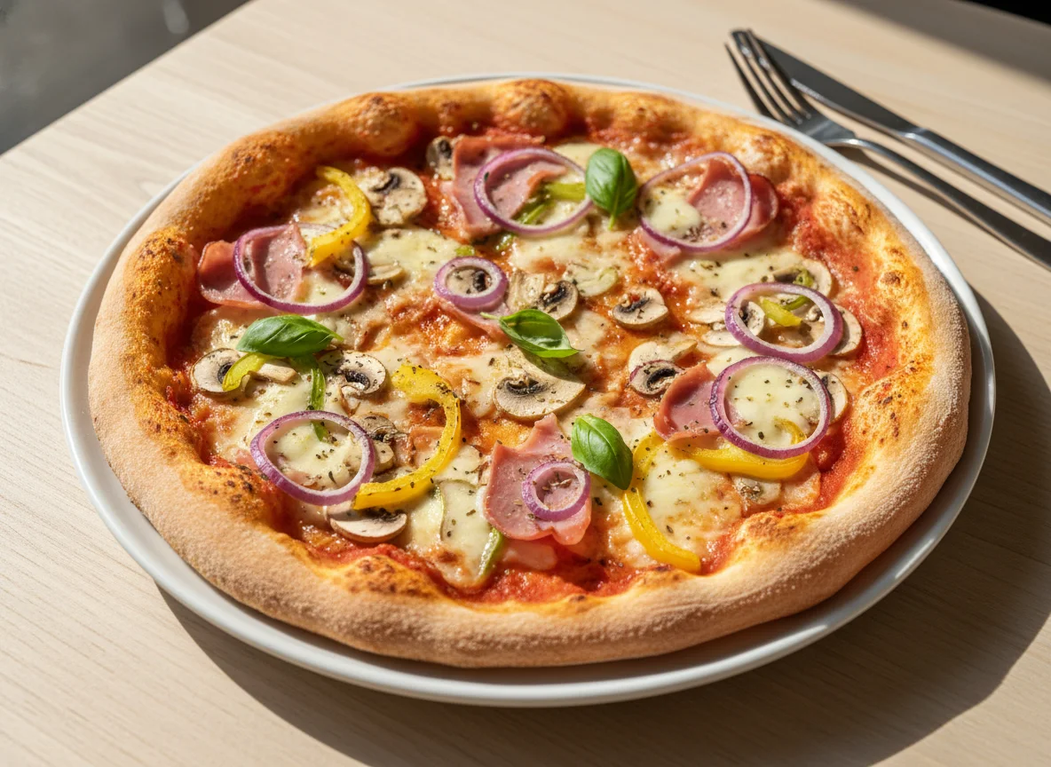 Pizza mit Schinken, Pilzen, Zwiebeln und Paprika photo