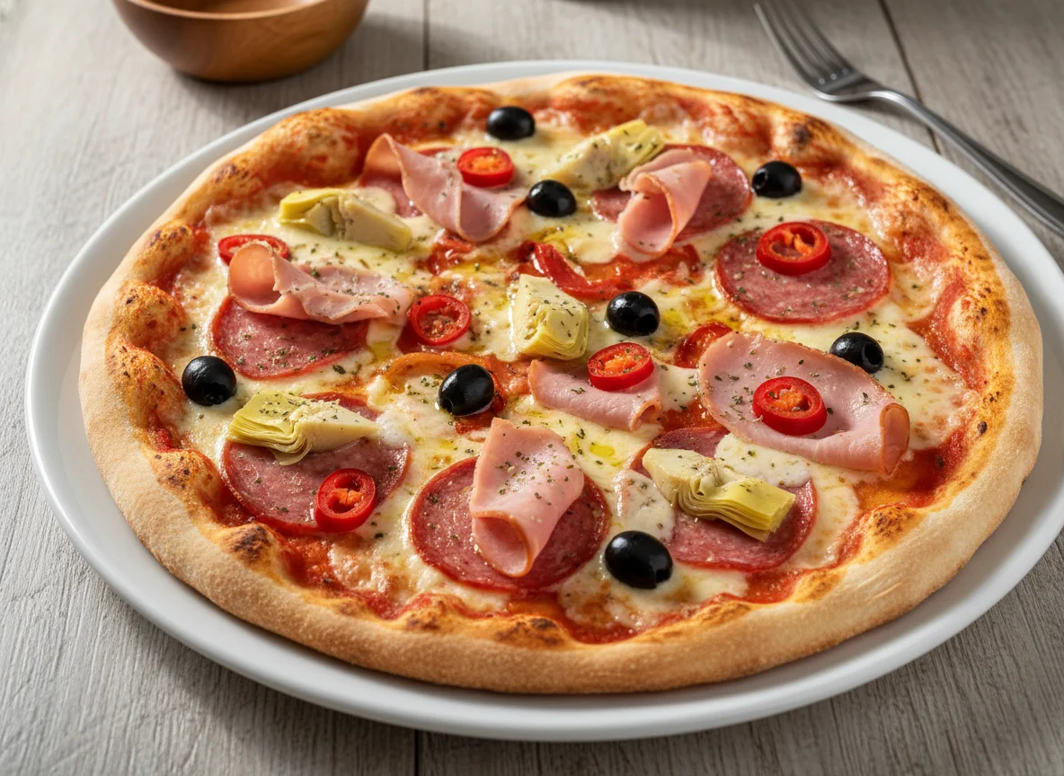 Pizza mit Schinken, Salami, Artischocken, Oliven und Peperoni photo