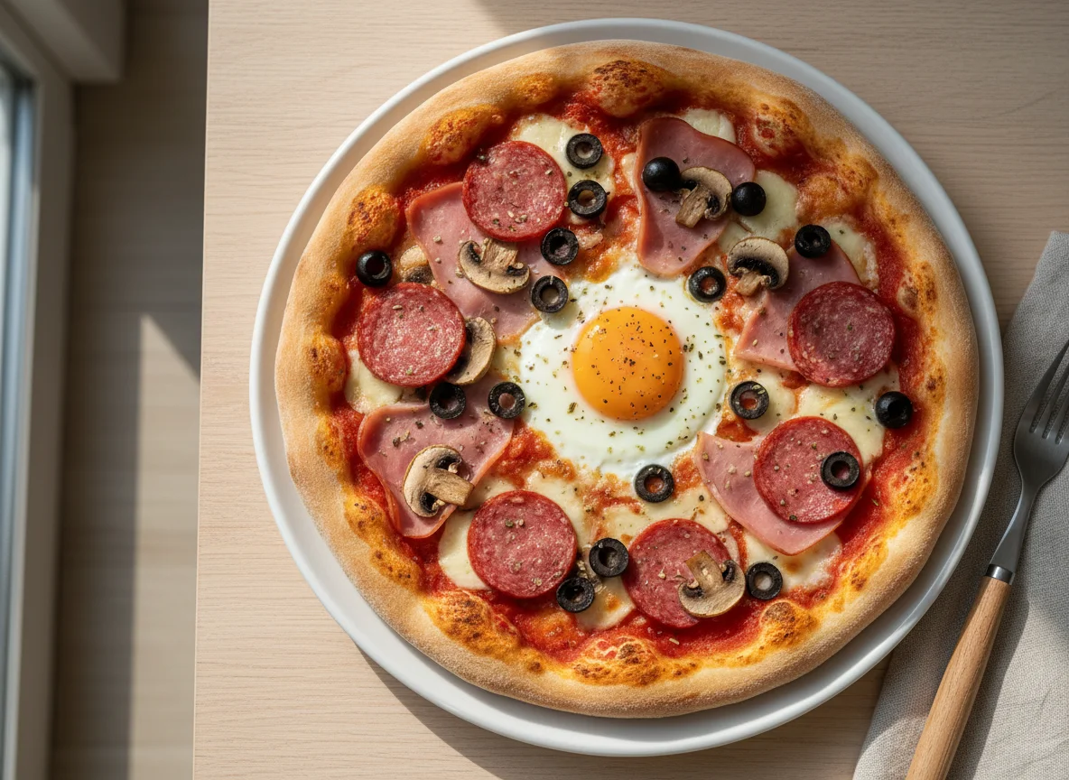 Pizza mit Schinken, Salami, Pilzen, Oliven und Ei photo