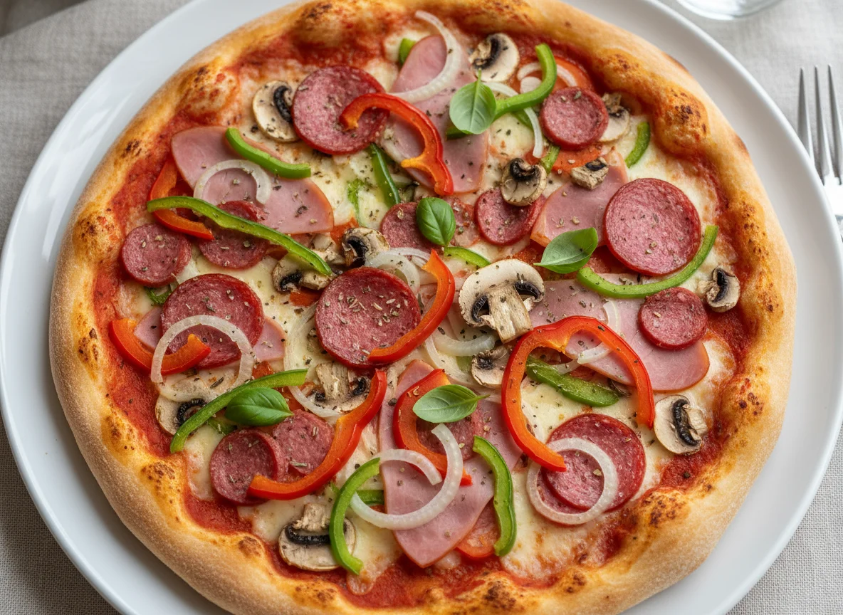 Pizza mit Schinken, Salami, Pilzen und Paprika photo