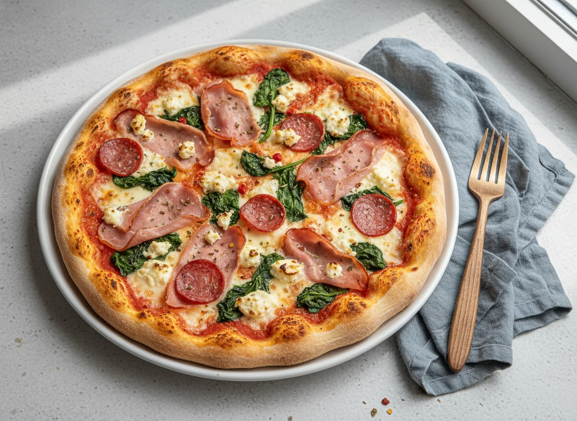 Pizza mit Schinken, Salami, Spinat und Feta photo