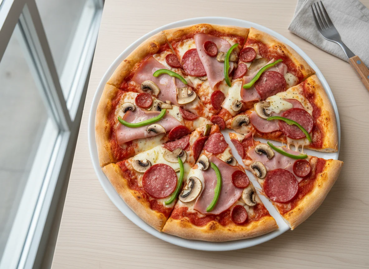 Pizza mit Schinken, Salami und Paprika photo