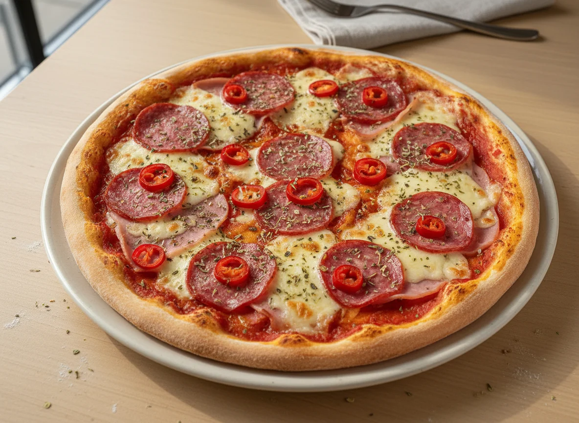 Pizza mit Schinken, Salami und Peperoni photo