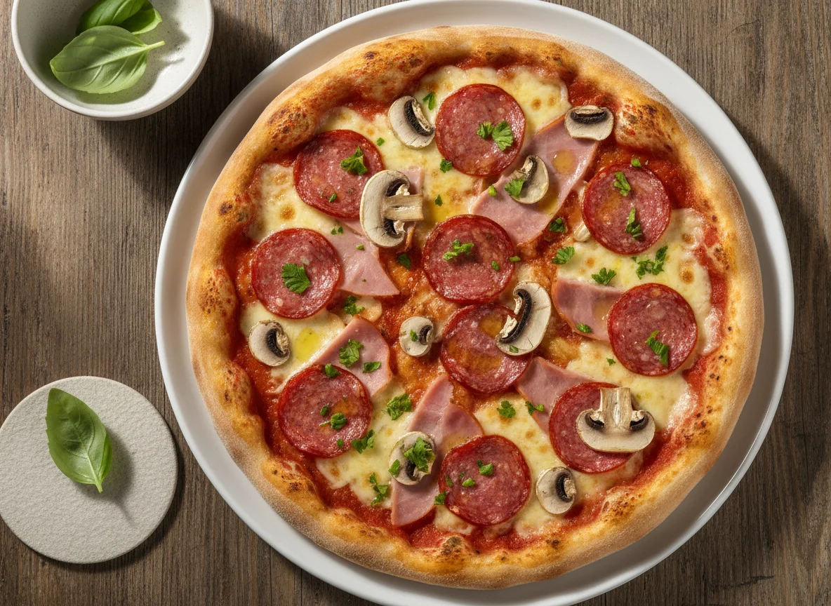 Pizza mit Schinken, Salami und Pilzen photo