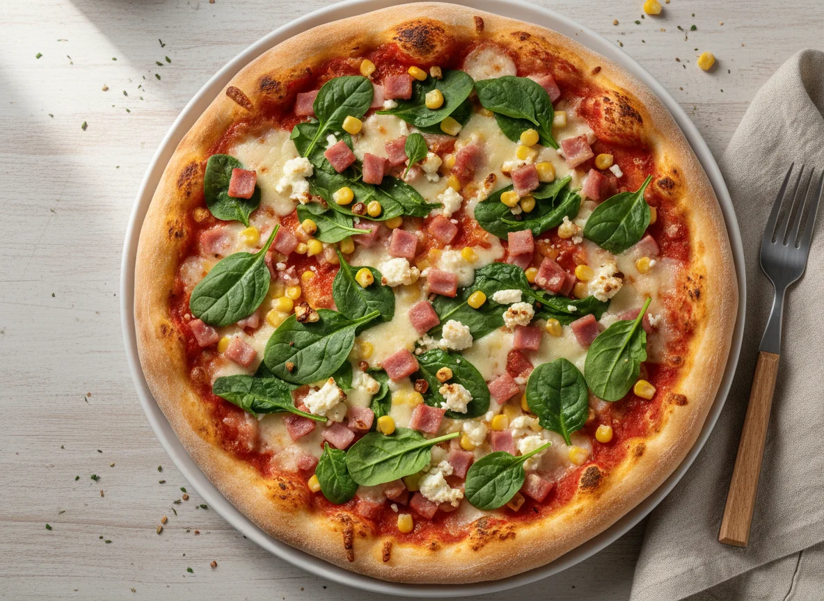 Pizza mit Schinken, Spinat, Feta und Mais photo