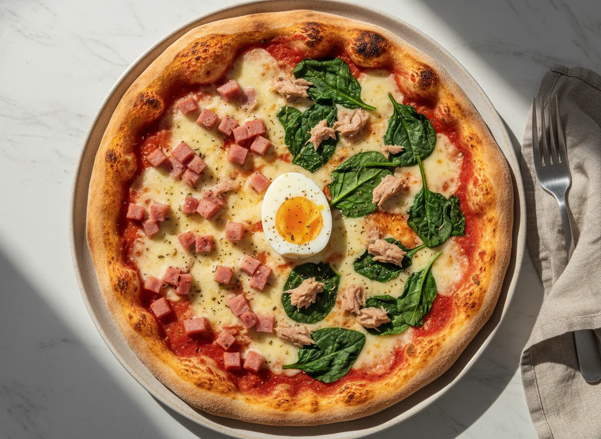 Pizza mit Schinken, Spinat, Thunfisch und Ei photo