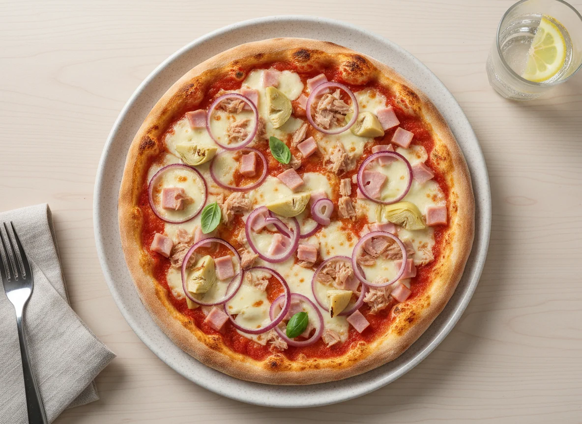 Pizza mit Schinken, Thunfisch, Artischocken und Zwiebeln photo