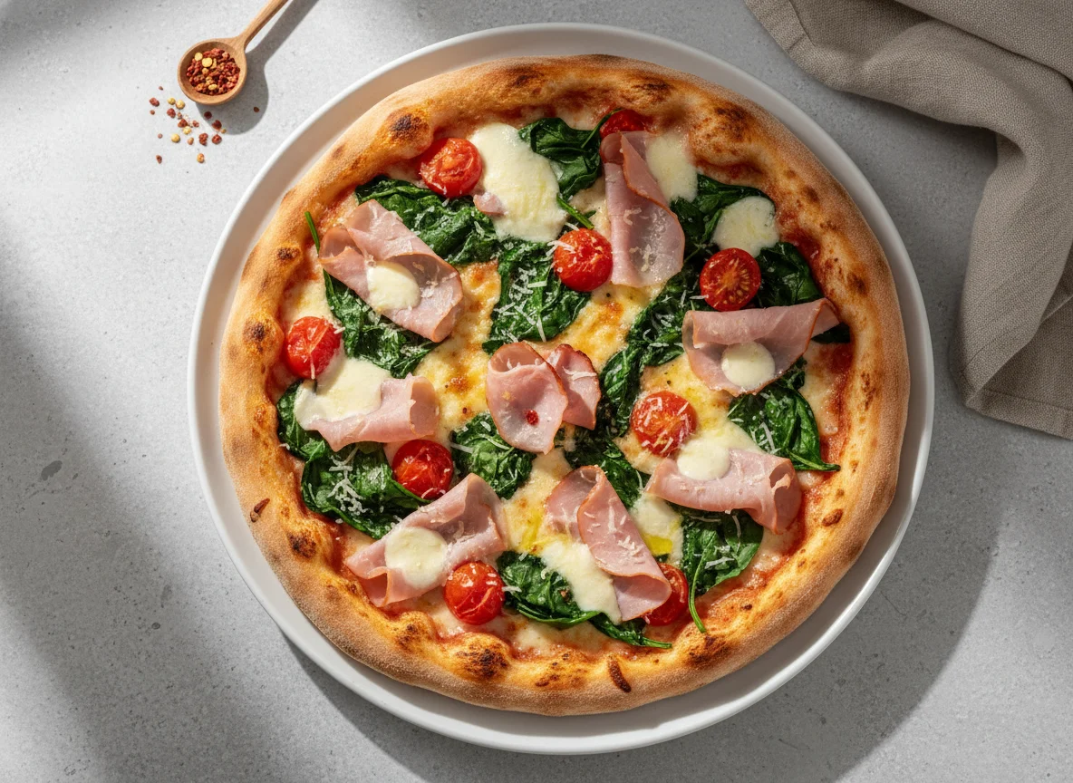 Pizza mit Schinken, Tomaten und Spinat photo