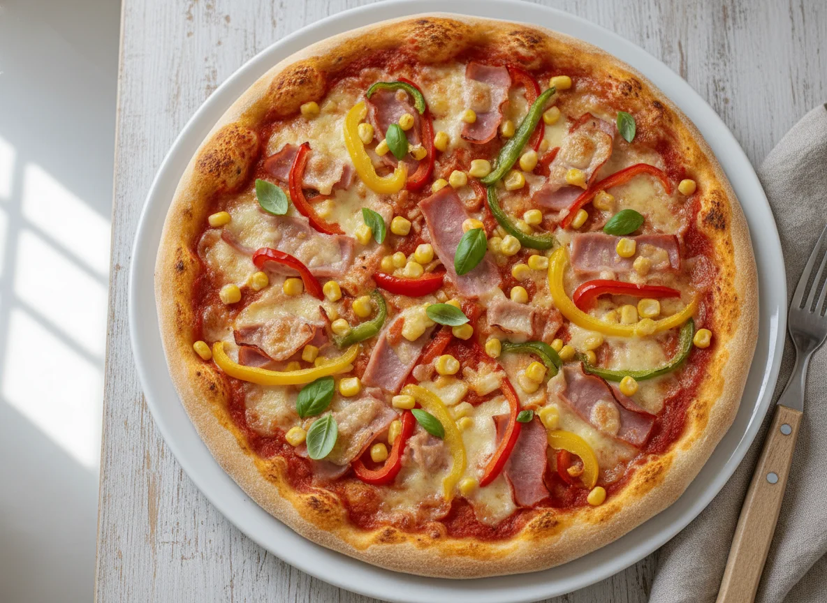 Pizza mit Schinken und Gemüse photo