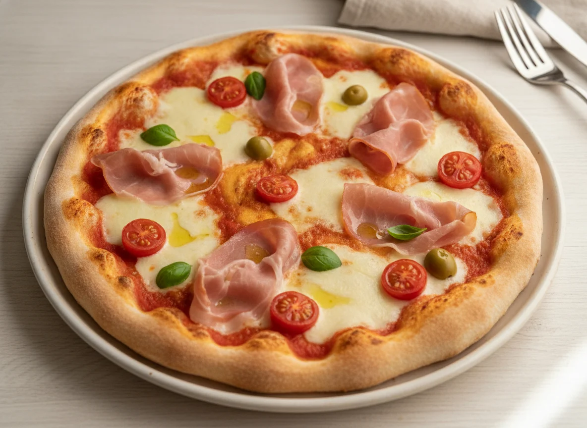 Pizza mit Schinken und Kirschtomaten photo