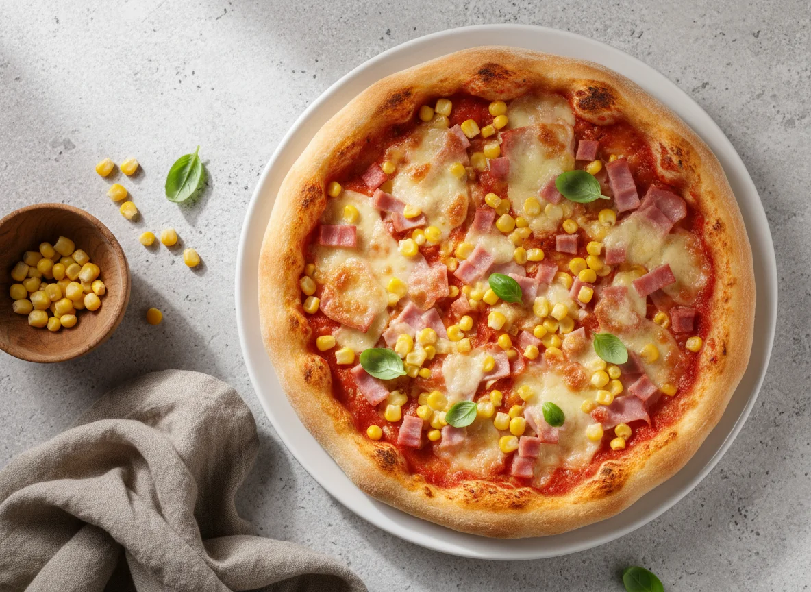 Pizza mit Schinken und Mais photo