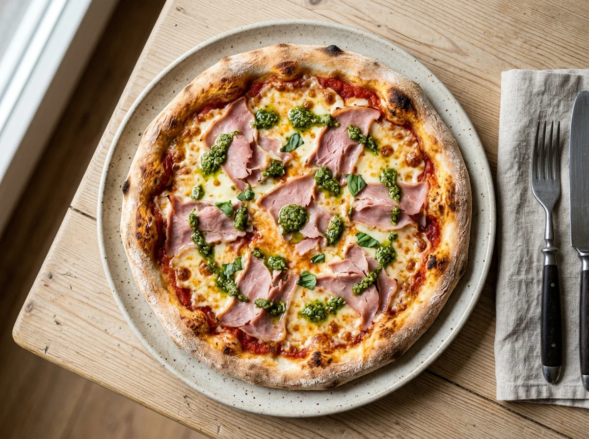 Pizza mit Schinken und Pesto photo