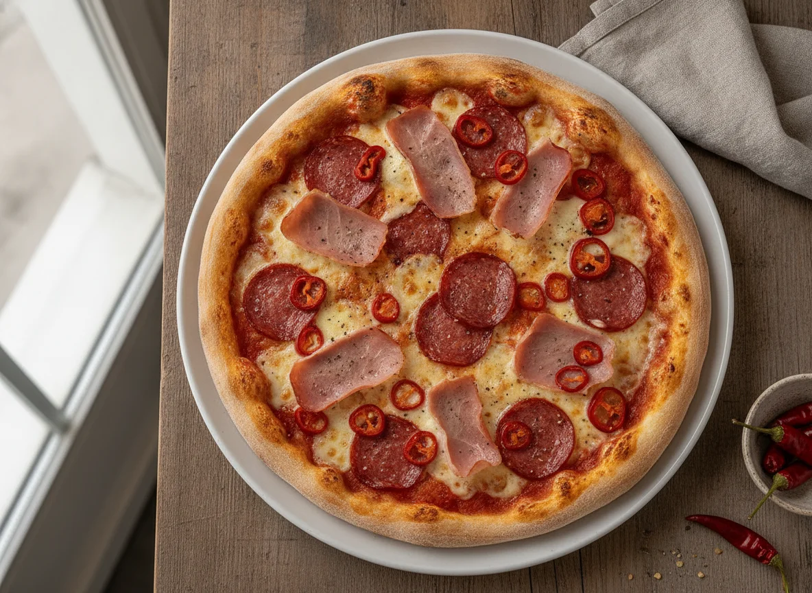 Pizza mit Schinken und Pfefferoni photo
