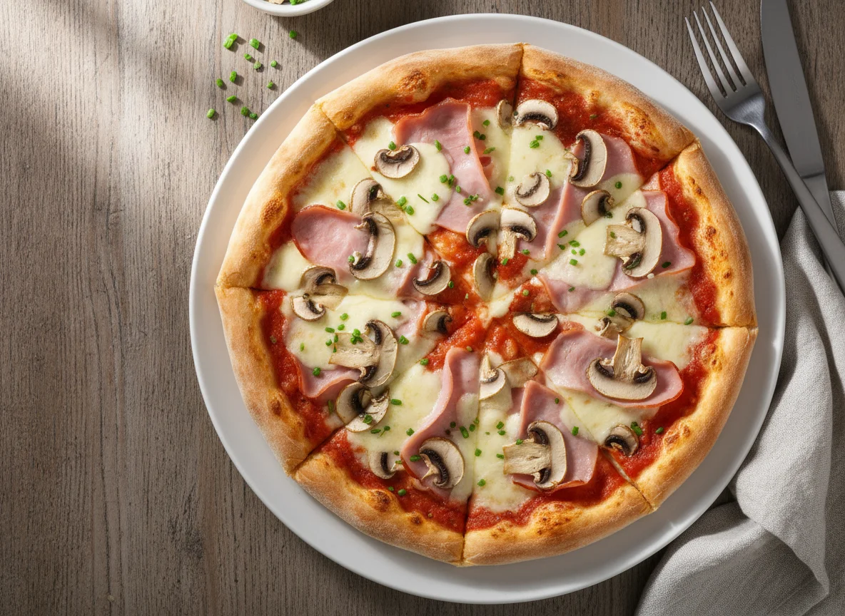 Pizza mit Schinken und Pilzen photo