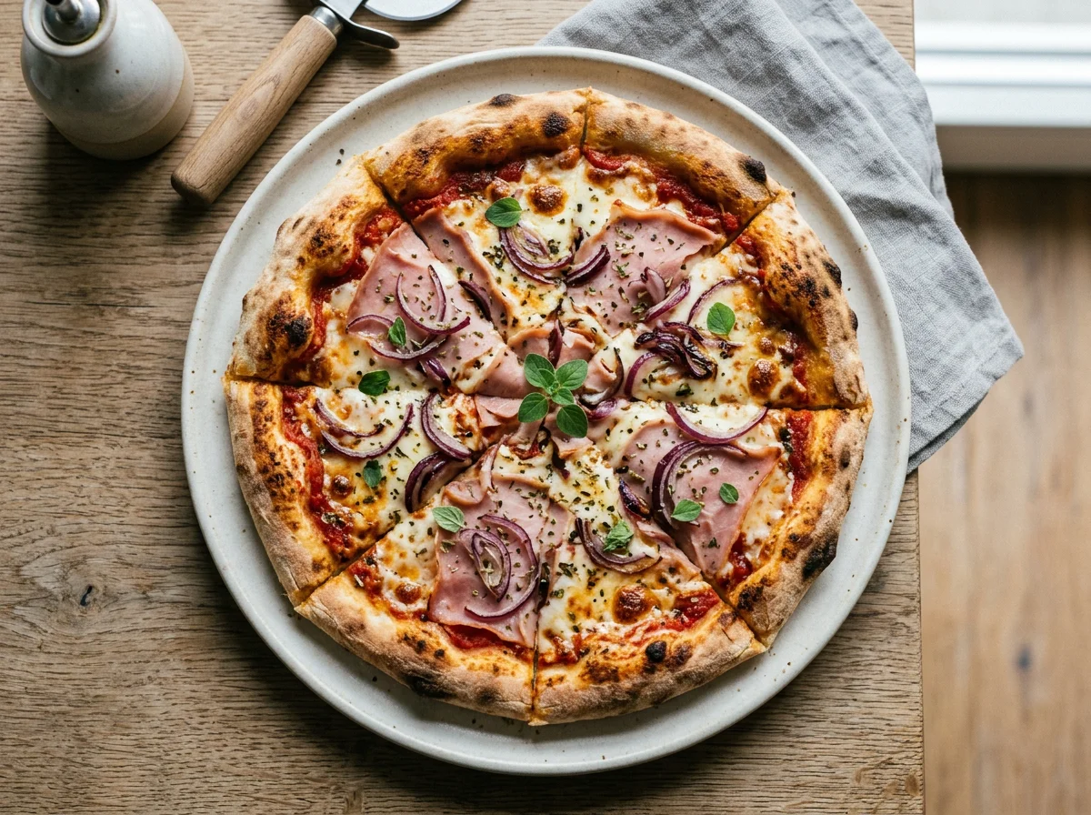 Pizza mit Schinken und roten Zwiebeln photo