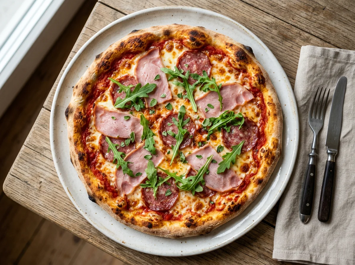 Pizza mit Schinken und Salami photo