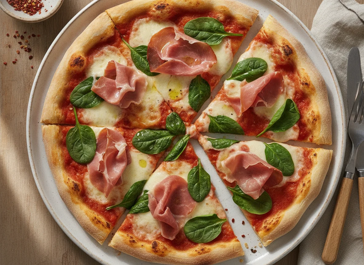 Pizza mit Schinken und Spinat photo