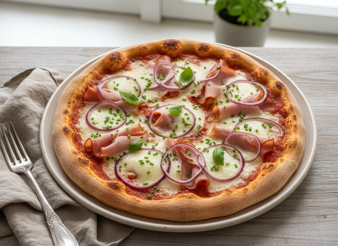 Pizza mit Schinken und Zwiebeln photo