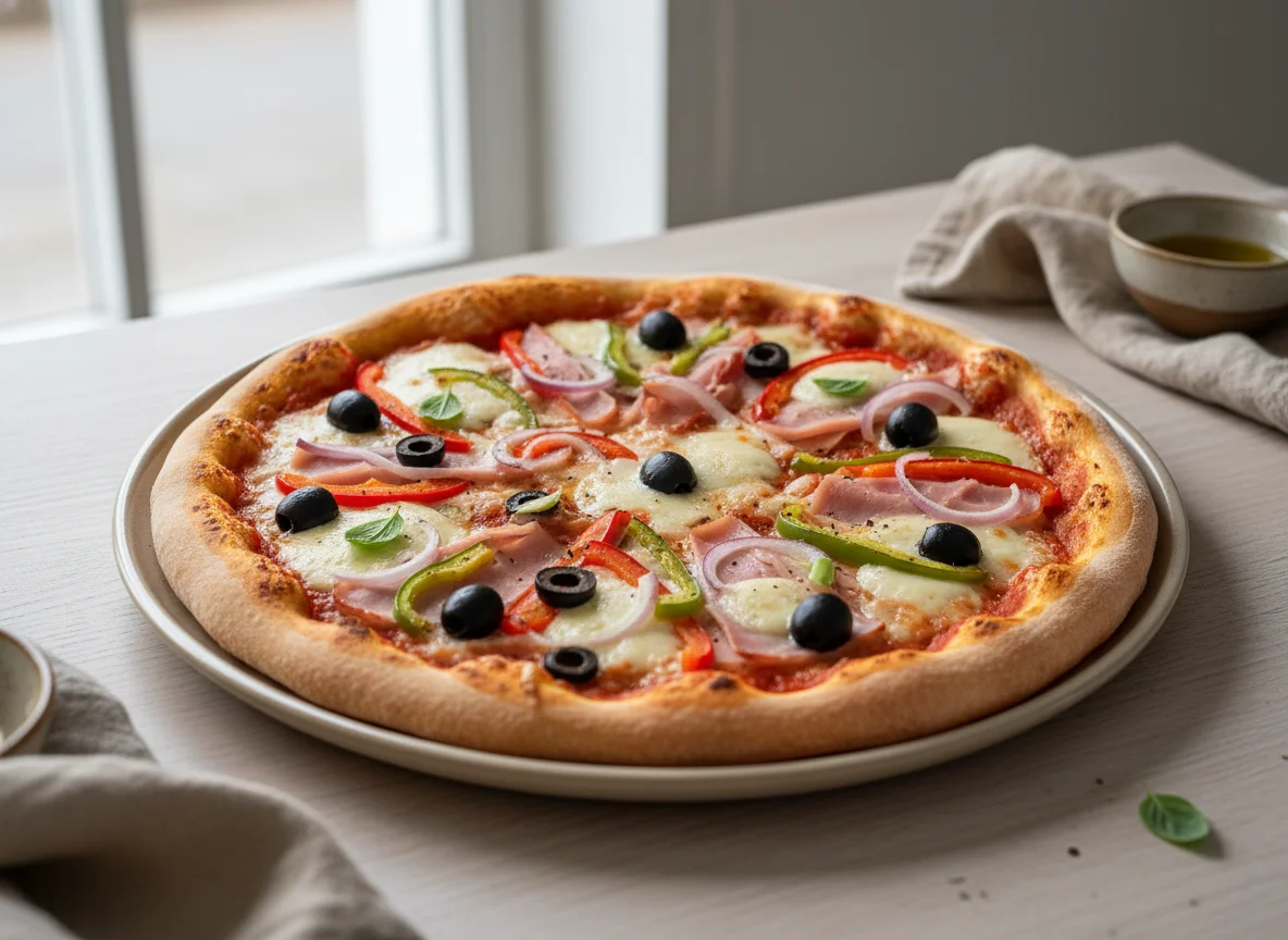 Pizza mit Schinken, Zwiebeln, Paprika und Oliven photo