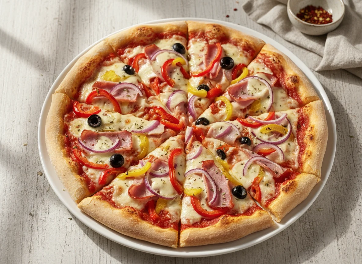 Pizza mit Schinken, Zwiebeln und Paprika photo