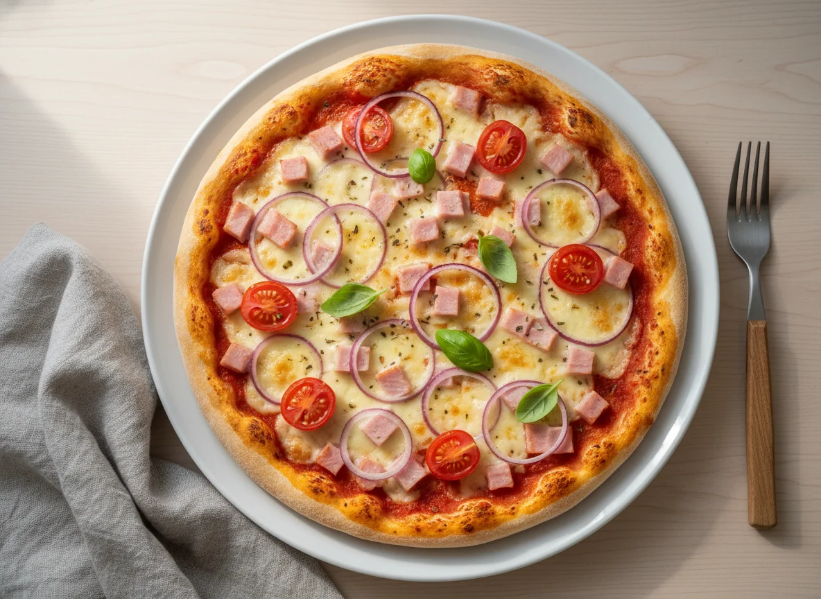 Pizza mit Schinken, Zwiebeln und Tomaten photo