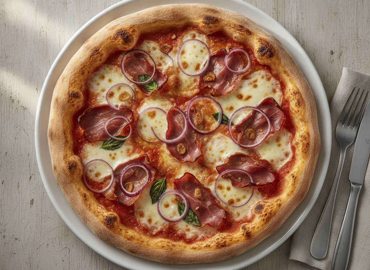 Pizza mit Speck und roten Zwiebeln photo