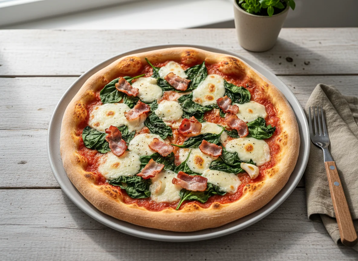 Pizza mit Speck und Spinat photo