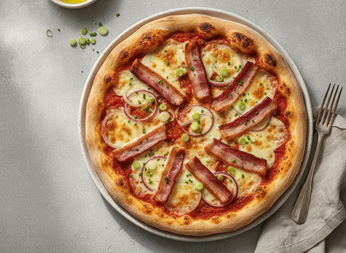 Pizza mit Speck und Zwiebeln photo