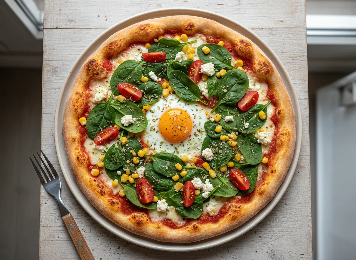 Pizza mit Spinat, Mais, Feta und Ei photo