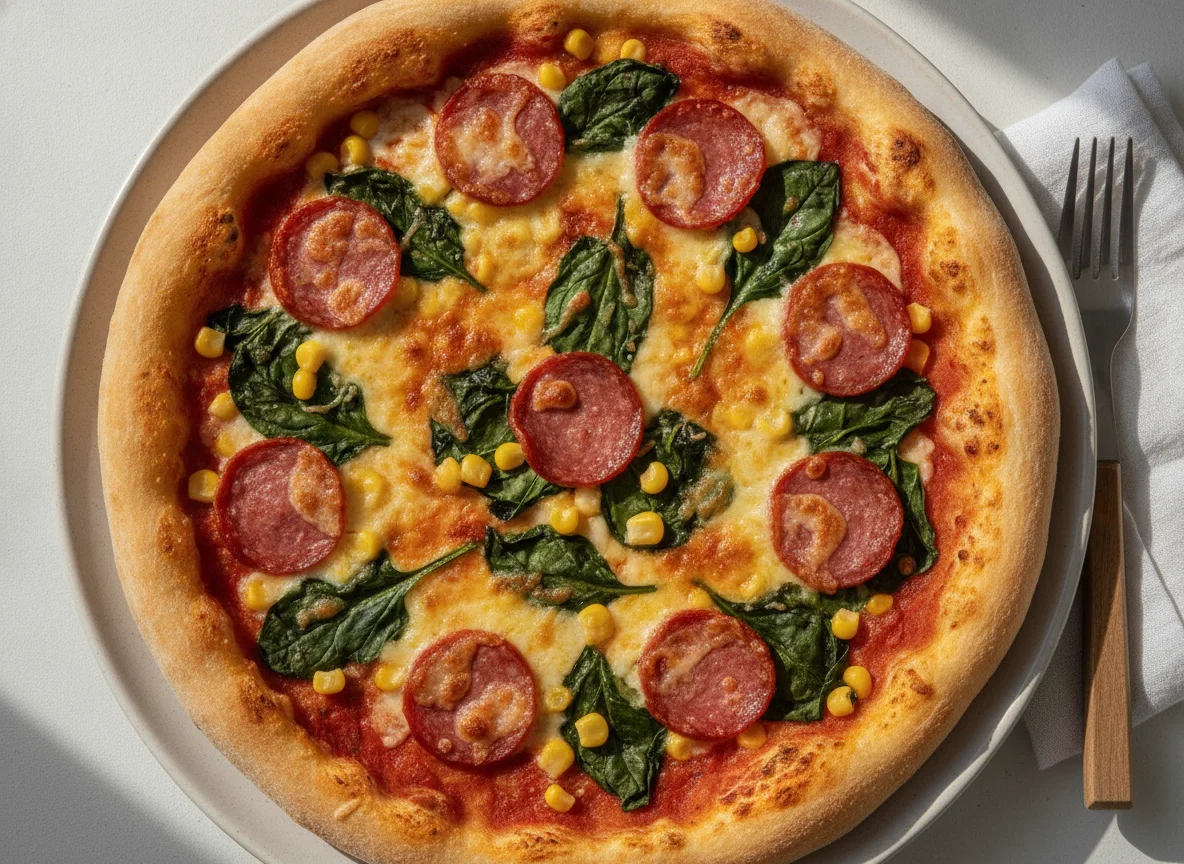 Pizza mit Spinat, Mais und Salami photo