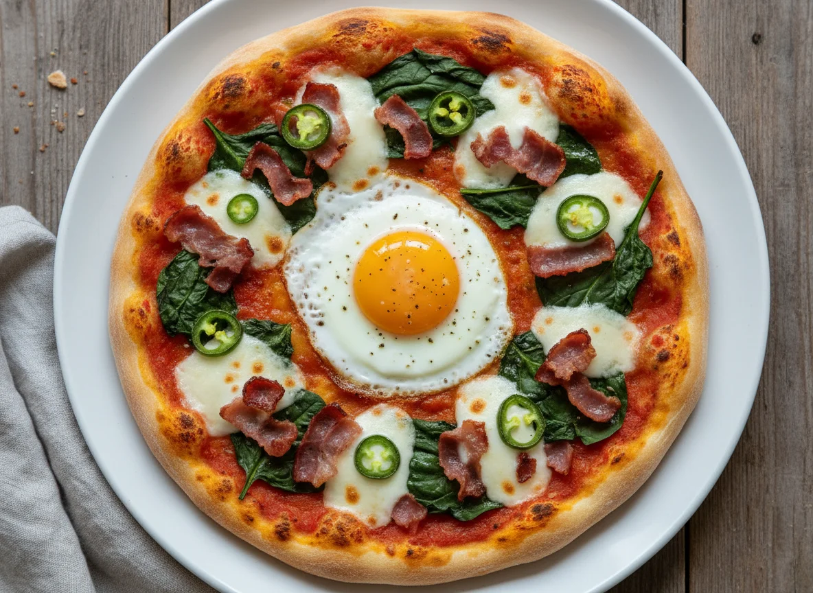 Pizza mit Spinat, Speck, Ei und Peperoni photo
