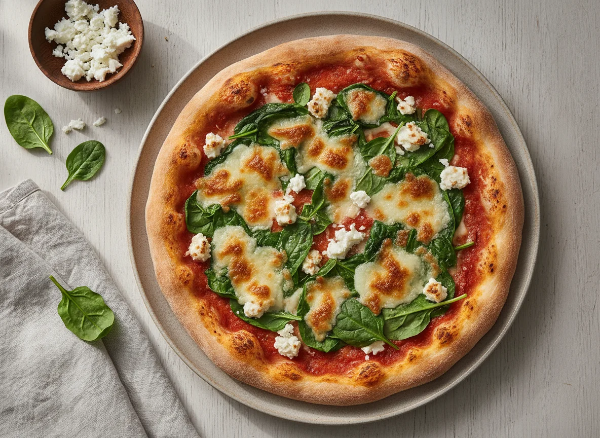 Pizza mit Spinat und Hirtenkäse photo